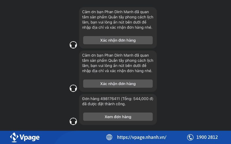 Demo tin nhắn chăm sóc đơn hàng tự động